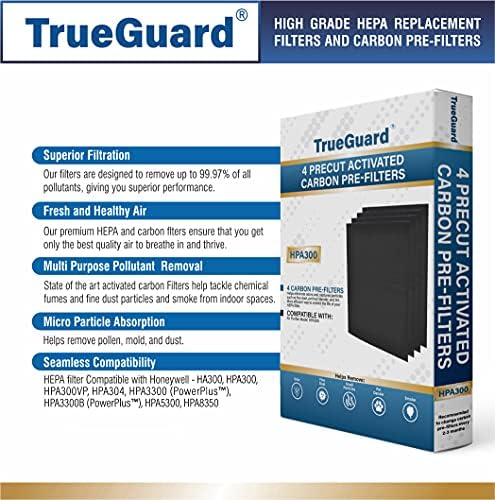 החלפת מטהר אוויר של TrueGuard מטהר מקדים לסדרת HPA300 | 4 חבילה של פרטרים פחמן מופעלים מראש | דיוק המתאים לדגמי הבית של Honeywell HA300, HPA300, HPA304, HPA8350 ועוד.